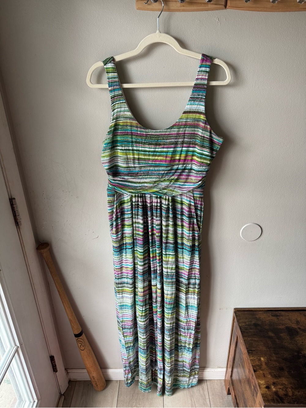 Luxology Multi Color Space Dye Striped Sleeveless Maxi Dress with Pockets - L